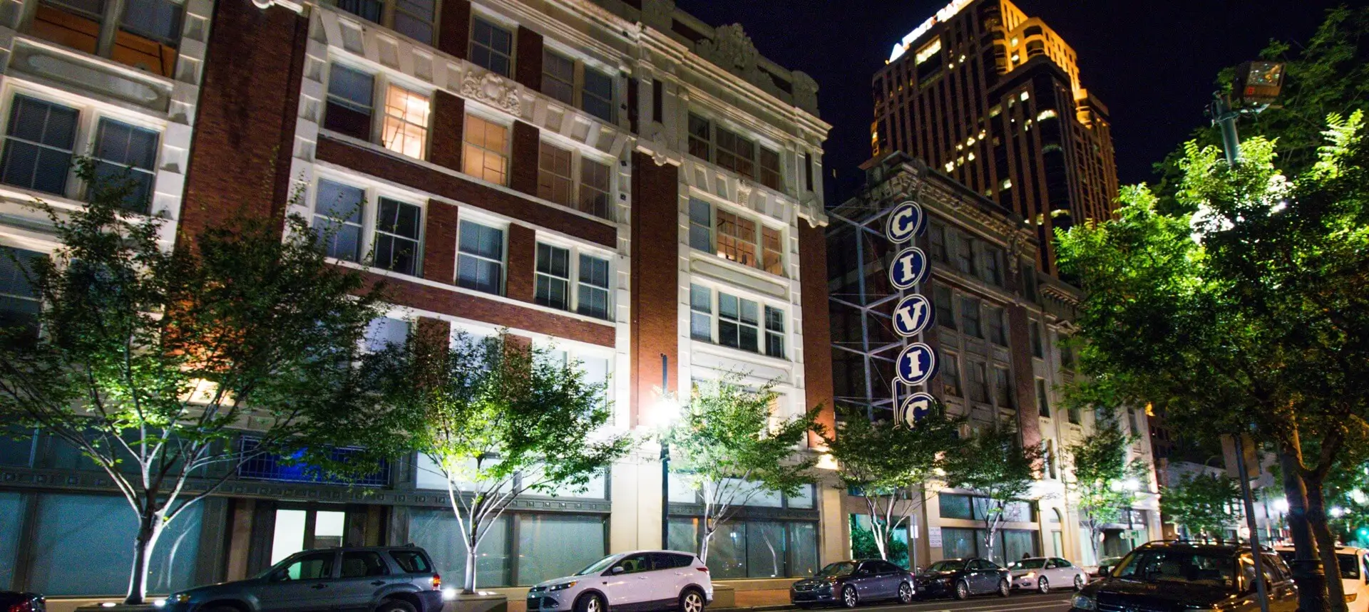 civic-lofts at night New Orleans Luxury apartment rental